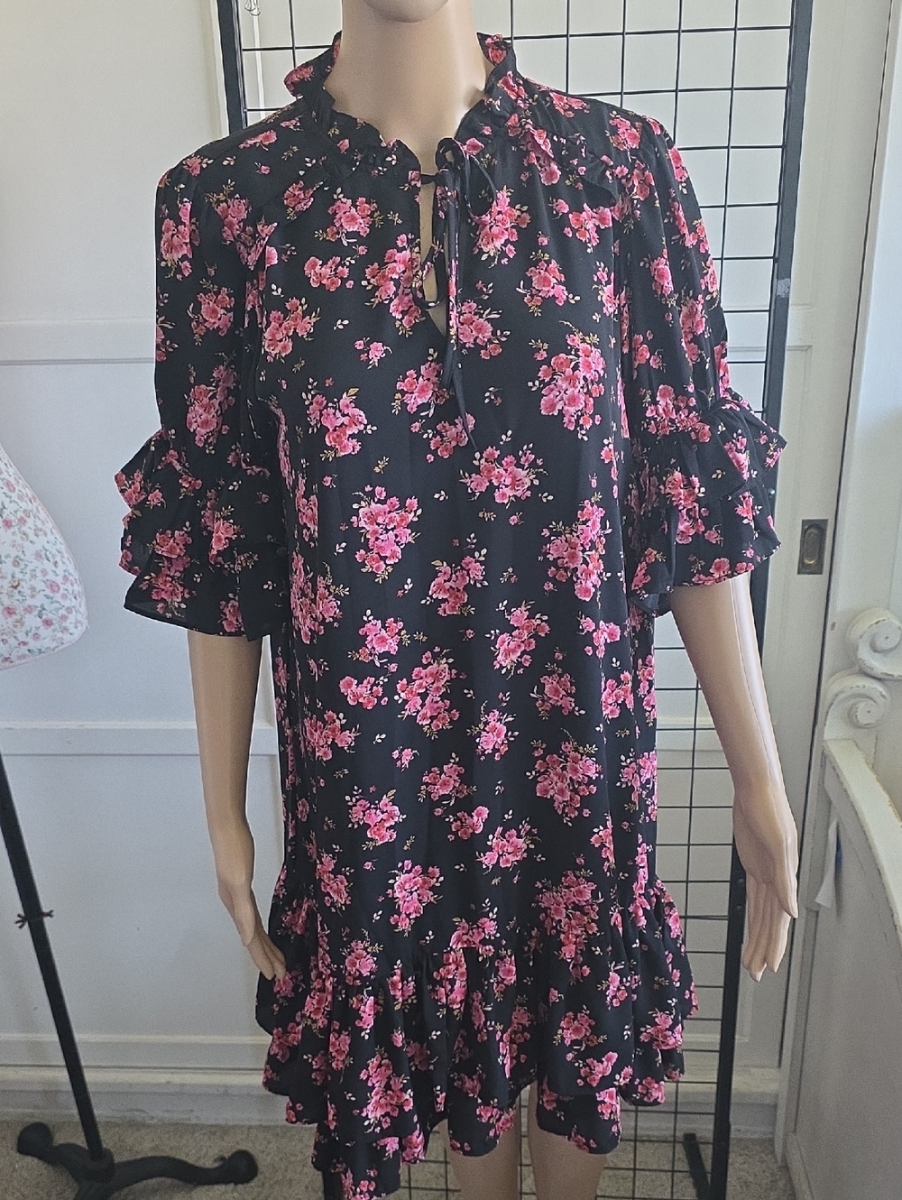 CeCe Black Dress with Pink and Red Floral Print